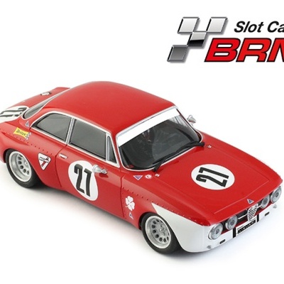 Miniatura de carro de corrida vermelho e branco número 27 com texto Slot Cars BRM