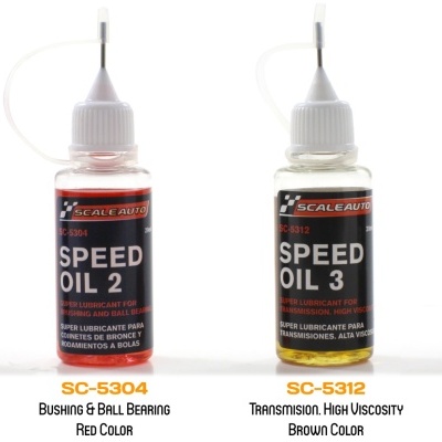 Frascos de óleo Speed Oil em cores azul, vermelho, amarelo e verde da marca SCALEAUTO.