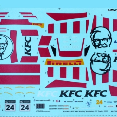 Folha de decalques para modelo de carro com logotipos KFC e números 24