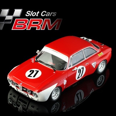 Miniatura de carro de slot vermelho e branco com número 27 e logo BRM