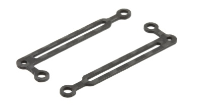 Dois suportes metálicos pretos com orifícios nas extremidades