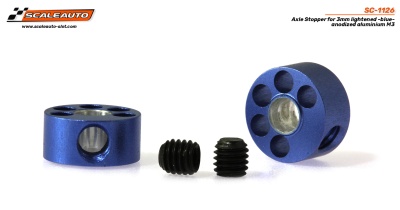 Peças azuladas de alumínio anodizado e parafusos pretos em fundo branco com texto Scaleauto