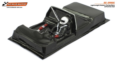 Miniatura de carro de corrida preto com piloto em capacete branco