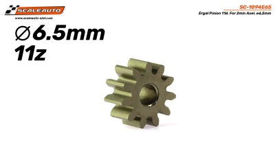 Pinhão metálico de 11 dentes e 6,5 mm de diâmetro com texto informativo