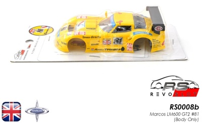 Carro de slot amarelo Marcos LM600 GT2 com inscrições e número 81 na embalagem