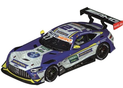 Miniatura de carro de corrida Mercedes-AMG azul, branco e amarelo com número 27 e logos