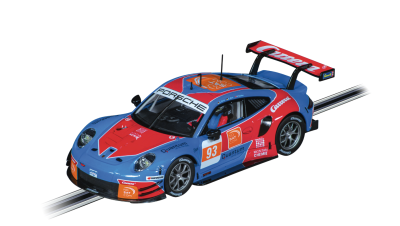 Carro de corrida Porsche azul e vermelho com logotipos e número 93 na pista