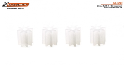 Conjunto de quatro pinhões de plástico translúcido em linha sobre fundo branco com texto de marca e referência.