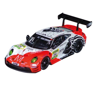 Carro de corrida de brinquedo vermelho, branco e preto com logos e número 24