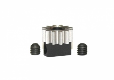 Peça mecânica metálica com engrenagem e dois parafusos