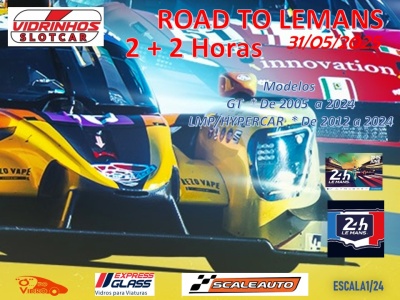 Imagem promocional com carros de slot amarelos e azuis e texto sobre corrida Road to LeMans