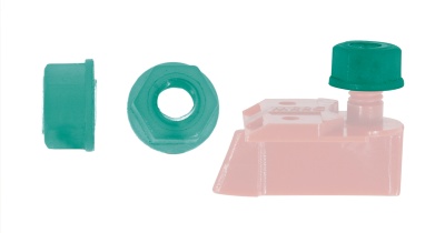 Peças plásticas rosa e verde com tampão e componentes separadas sobre fundo branco