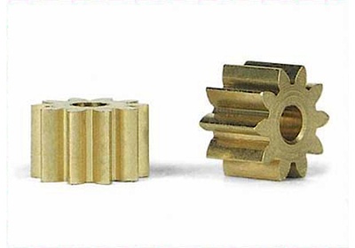 Duas engrenagens douradas de metal com 8 dentes cada uma, sobre fundo branco.