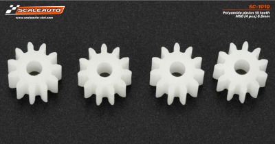 Quatro engrenagens brancas de poliamida com 10 dentes sobre fundo preto e cartão informativo