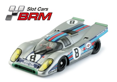 Carrinho slot car Porsche cinzento com detalhes Martini Racing e número 8