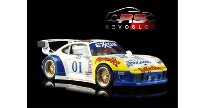 Miniatura de carro de corrida branco, azul e amarelo com logotipos e número 01 em fundo preto