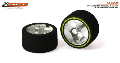 Rodas de slot car Scalauto com pneus de espuma e aros de alumínio prateados com linhas verdes