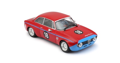 Miniatura de carro de corrida Alfa Delta vermelho e azul com número 18