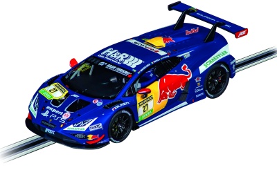 Miniatura de carro de corrida azul com vários logos e número 27 numa pista de slot car