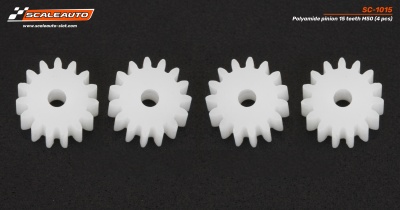 Quatro engrenagens plásticas brancas em linha sobre fundo preto com texto visível