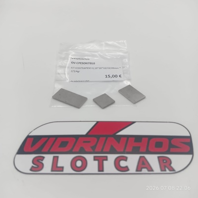 Kit de contrapesos metálicos cinzentos em saco plástico com etiqueta, sobre superfície branca com logótipo Vidrinhos Slotcar