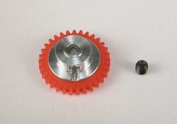 Engrenagem vermelha com centro metálico e parafuso, e pequeno parafuso preto ao lado
