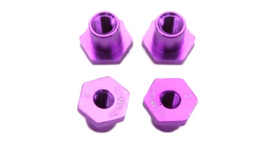 Quatro porcas sextavadas roxas em metal sobre fundo branco