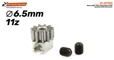 Roda dentada metálica prateada com 11 dentes e dois parafusos pequenos pretos