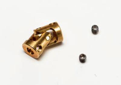 Peça metálica dourada com dois parafusos pretos sobre fundo branco