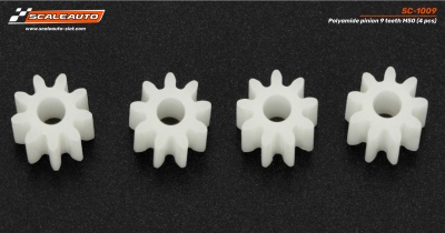 Quatro pinhões plásticos brancos com 9 dentes cada sobre fundo preto