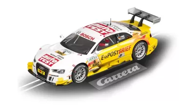 Carrinho de slot racing Audi DTM branco e amarelo com logos e asa preta