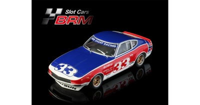 Miniatura de carro de slot racing azul, vermelho e branco com número 33 e marcações de corrida