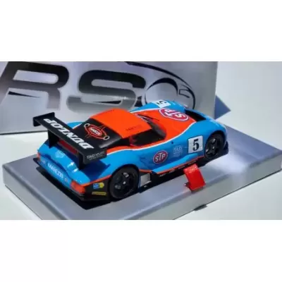 Miniatura de carro de corrida Porsche RS azul e vermelho com número 5