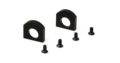 Peças metálicas pretas arqueadas com furos centrais e parafusos pretos sobre fundo branco.