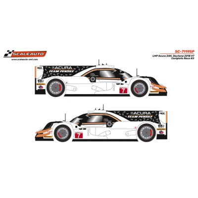 Modelo de carro de corrida LMP Acura preto, branco e laranja com inscrições e número 7