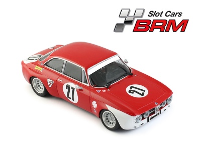 Miniatura de carro de corrida vermelho e branco número 27 com texto Slot Cars BRM