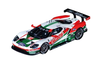 Miniatura de carro de corrida Ford GT com cores branco, verde e vermelho e logótipos