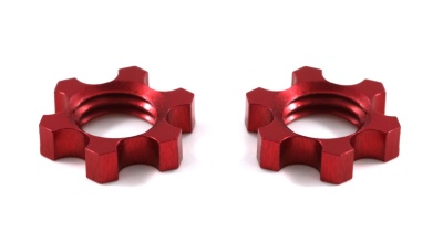 Porcas vermelhas metálicas com seis saliências angulares
