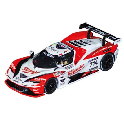 Miniatura de carro de corrida vermelho, branco e preto com texto e logotipos