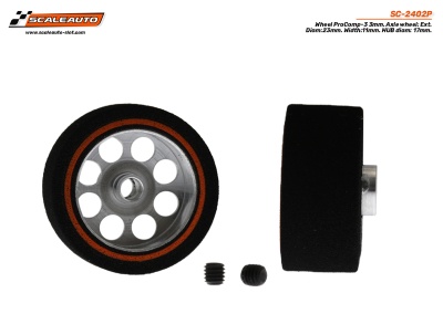 Conjunto de rodas metálicas e borracha preta com aro laranja para modelismo, com parafusos