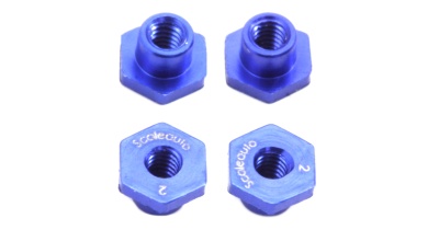 Quatro porcas hexagonais azuis metálicas com texto branco