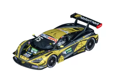 Miniatura de carro de corrida McLaren preto e dourado com texto AUTOHERO e número 75