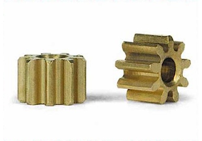 Duas engrenagens metálicas douradas com oito dentes cada