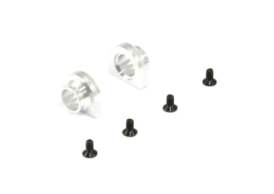 Peças metálicas semicirculares prateadas e parafusos pretos sobre fundo branco