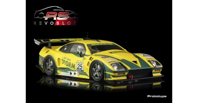 Miniatura de carro de corrida amarela e verde LISTER STORM com número 25 e marcas em fundo negro