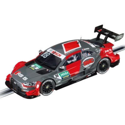 Miniatura de carro de corrida Audi RS 5 preto cinza vermelho com inscrições e número 28