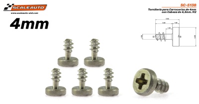 Parafusos metálicos de 4mm com cabeça cruzada sobre fundo branco e desenho técnico.