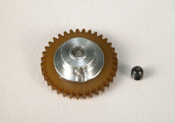 Engrenagem de plástico castanho com centro metálico prateado e um parafuso preto em fundo branco.