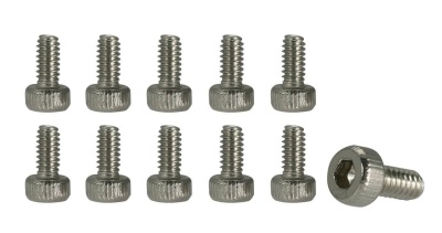 Conjunto de 11 parafusos em metal prateado com cabeça cilíndrica e sextavada