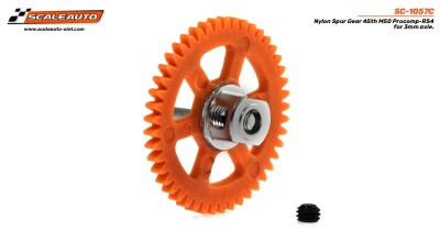 Engrenagem de nylon laranja com eixo metálico e parafuso preto em fundo branco